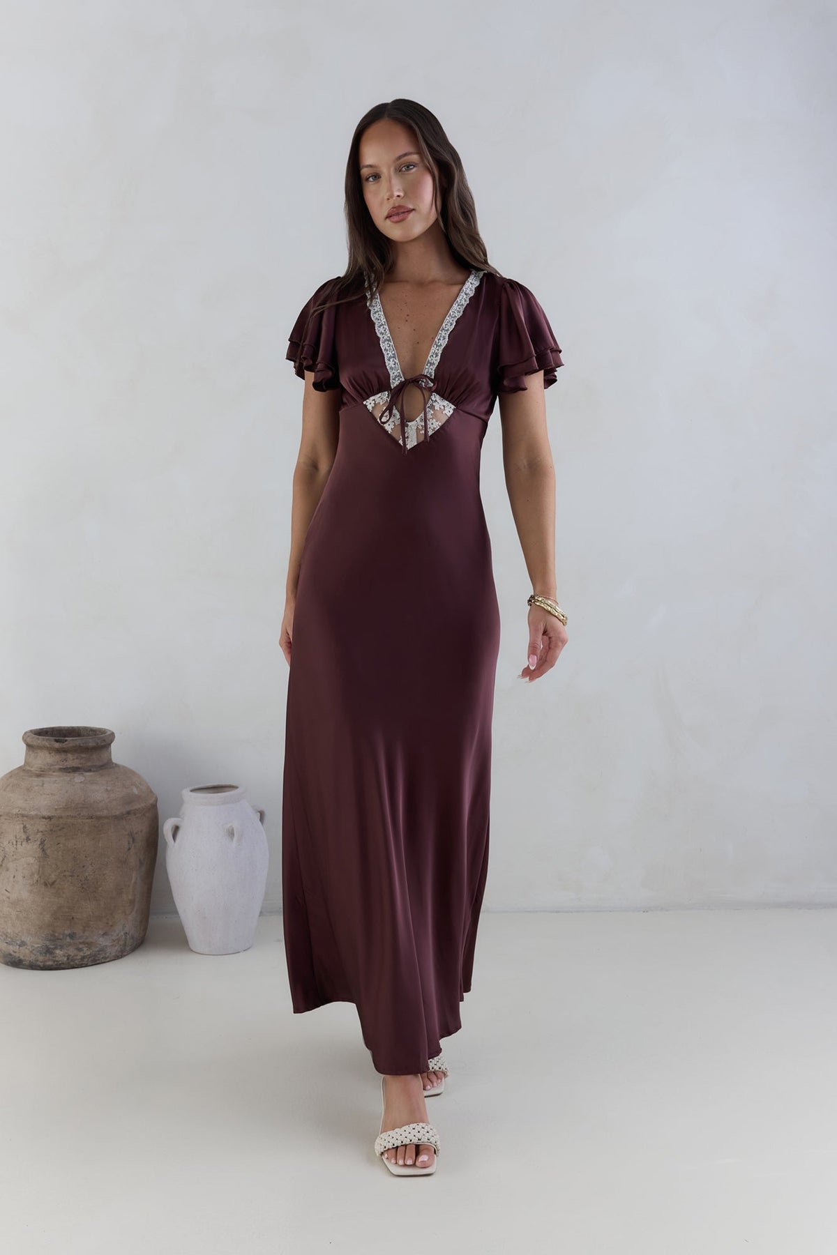 Postcard Dreams Satin Maxi Dress Brown